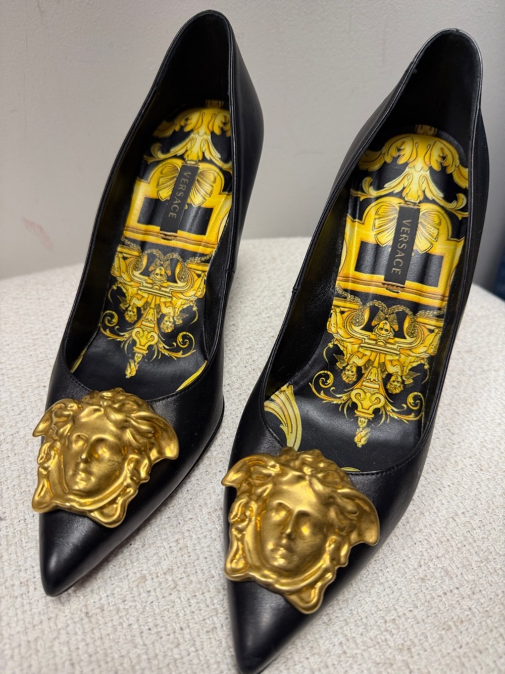 Versace Black Leather Pointed Pumps with Gold Medusa Emblem